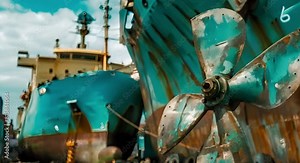 Cargo Ship Propeller Undergoing Maintenance in Dry Dock. Concept Maritime Engineering, Ship Maintenance, Dry Dock Operations, Propeller Repair, Cargo Vessel Utility