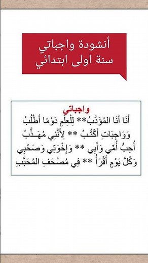 أنشودة واجباتي سنة اولى ابتدائي مكتوبة انا انا المؤدب للعلم دوما اطلب.