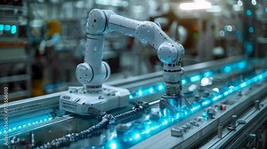 robotic arms working on assembly line in factory. Concept of artificial intelligence for industrial revolution and automation manufacturing process