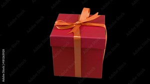 Red gift box with yellow gold ribbon bow rotate at transparent background. Alpha channel chroma key transparent background. Have empty space for text.