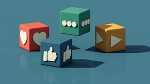 social media icon logo cube box online social communication applications concept, emoji, hearts, thumb up icon, play icon and chat message icon on blue background minimal 3d rendering animation looped