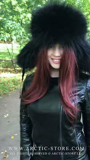 Russian Fur Trapper Hat with Black Raccoon and Red Shawl #russianhat #blackraccoon #folkstyle