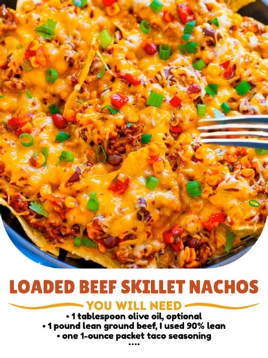 33K views · 361 reactions | Loaded Beef Skillet Nachos These loaded nachos are ready in 15 minutes, and PACKED with taco-seasoned ground beef, black beans, corn, cilantro, and lots of CHEESE!! Ingredients : • 1 tablespoon olive oil, optional • 1 pound lean ground beef, I used 90% lean • one 1-ounce packet taco seasoning Recipe in the Coʍʍеոτ  Enjoy ❤️ | Recipes by banana | Facebook
