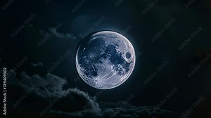 Video animation of tranquil beauty of a full moon dominating the night sky. The moon is detailed and prominent, set against a backdrop of dark blues and blacks
