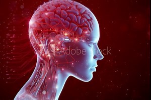A futuristic cyborg mind with circuitry intertwining through the cerebral cortex, illustrating the marriage of human intelligence and AI.
