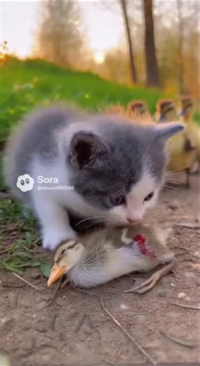 Cat Saves Duckling from Weasel Attack! Watch Kindness in Action