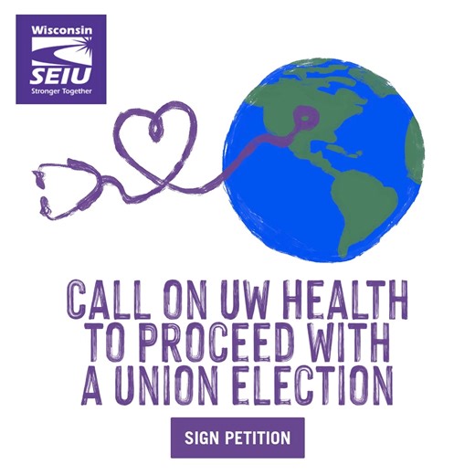 The recent Dane County Circuit Court ruling creates a path for UW Health nurses to secure union recognition – and it’s time for UW Health to agree to not interfere. Nurses deserve a seat at the table to ensure our voices are heard loud and clear. Join us in urging UW Health to proceed with a union election. Together, we can make a difference! Sign the petition TODAY>> | SEIU