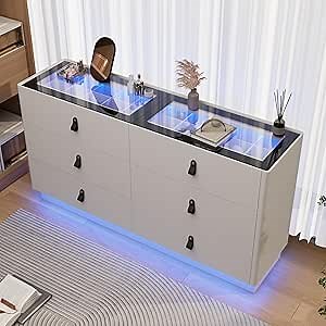 jiteentarou 59 Inch Dresser with Jewelry Drawers & Glass Top, Modern Chest of Drawers with LED Light, Closet Island, Leather Handle, Arc Design, White
