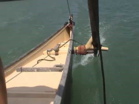 My proa TeWa sailing on the Coromandel harbor about 20 years ago.