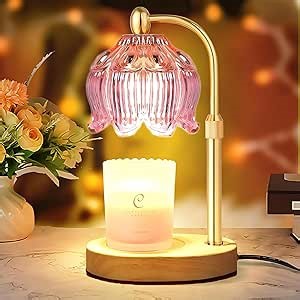 Adjustable Flower Candle Warmer Lamp with Timer, Mothers Day Gifts for Women Mom, Lotus Tulip Glass Warmer Light for Jar Candles, Electric Wax Warming Melter, Vintage Bedroom Decor (Pink)