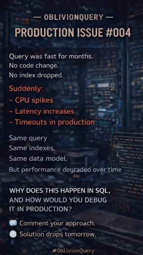 oblivionquery on Instagram: "Production Issue #004 The query didn’t change. The indexes didn’t change. The schema didn’t change. But production did. Data grew. Distribution shifted. Execution plans changed silently. This happens in every SQL system. How would you debug this — without breaking production? Comment your approach. Solution drops tomorrow. — OblivionQuery #OblivionQuery #SQL #DatabasePerformance #ProductionIssues #QueryOptimization #BackendEngineering #DBA #DataEngineering #SystemDes