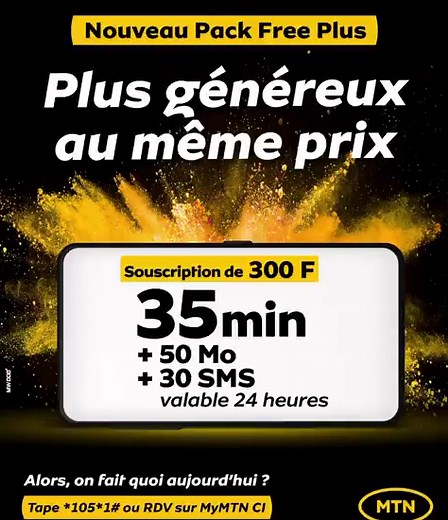 Tes Packs Free Plus deviennent plus GÉNÉREUX avec de minutes d’appel, de data et de sms aux mêmes PRIX ! Tape vite *105*1# ou souscris via l’appli MyMTN. #mtnci #bonplans #forfaitmobile | MTN Côte d'Ivoire