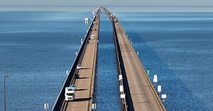 Lake Pontchartrain Causeway bridge. Unique aerial view with long zoom lens. Longest continuous bridg
