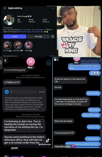 MORE audio of BRAID KING, “Trev”, Trevor, @Battle King👑 @messytokkingdom, @BK 👑 I am blocked so I can’t tag him. Here he is discussing Rizi, Riziki Ilenre, his “friend”!! Here are text messages from RIZI, stating Trev (Braid King”) was setting her up for s*xual ass*ult. And telling her to take pills and unalive. He used her for money, verbally abused her… and now they are intimidating/threatening people who speak up for Rizi. Please help spread the word!! #Justice4Rizi #MentalHealth #RIP #cybe