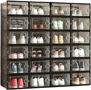 24PCS Large Clear Shoe Boxes Storage Organizer Stackable, Shoe Box Bins with Lids - Black