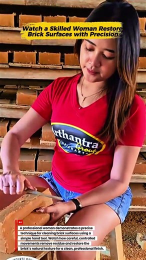 Professional Woman Cleans Bricks Precisely Using a Hand Tool