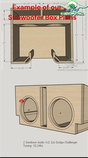 Sub box for (2) Sundown XV2 12s in a Dodge Challenger. DIY subwoofer box plans available at www.customlowz.com. #DIY #Caraudio #CTSounds