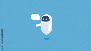 Chatbot having a conversation with customer, robot assistant with artificial intelligence, chat bot providing information, business automation technology. 2d animation, 4k video clip.