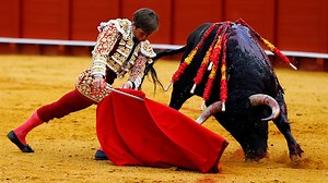 Famous matadors perform talents during a bullfight in Seville