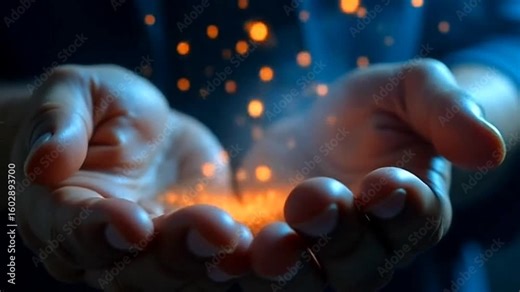 Hands cupped, holding and releasing glowing particles into the air, creating a magical effect.