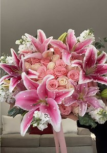 Lilies mixed bouquet with 50 pink & white roses — order Fontana florist