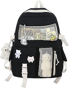Kawaii Backpack with Cute Pin and Accessories Cute Kawaii Backpack for School Bag Kawaii Girl Backpack (Black)