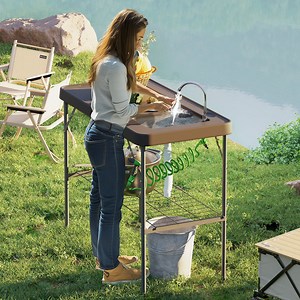 Outsunny Folding Fish Cleaning Table with Sink, Outdoor Fillet Table for Picnic Beach Patio, Tan - Walmart.com
