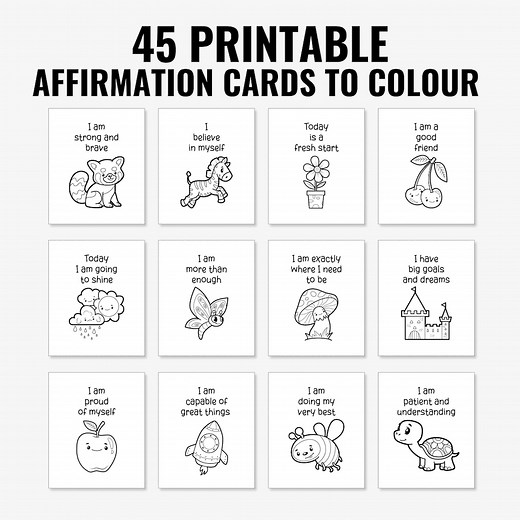 45 Printable Positive Affirmation Cards to Color for Kids, Motivational Coloring Cards for Children, Kids Positivity and Encouragement Cards - Etsy