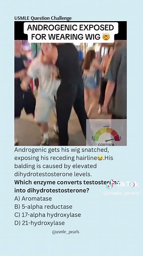 DHT said “temples? yeah I’ll take those.” 💀🧑‍🦲 ⸻ 3) Explanation The correct answer is B) 5-alpha reductase. 5-alpha reductase converts testosterone into dihydrotestosterone (DHT) in peripheral tissues such as the scalp and prostate. DHT binds androgen receptors with higher affinity than testosterone and promotes follicular miniaturization in genetically susceptible scalp hair follicles, leading to androgenic alopecia (male-pattern baldness). This is also why medications like finasteride treat