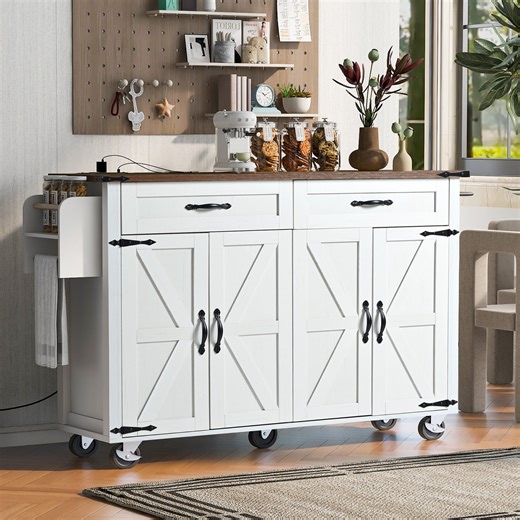 53.5"W Farmhouse Rolling Kitchen Island with Storage, Mobile Kitchen Islands with Drop Leaf and Power Outlet, Rustic Kitchen Storage Cart with Spice Rack for Dining Room