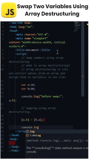 Praveen Gubbala | Swap Two Variables Using Array Destructuring | JavaScript Trick In this video, you’ll learn a modern JavaScript trick to swap two... | Instagram