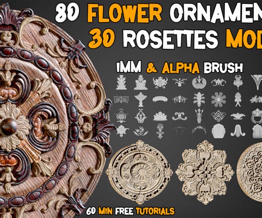 ArtStation - 80 Flower Ornaments & 30 Rosettes 3D Model – 60 Minutes Free Tutorials - Vol 8 | Brushes