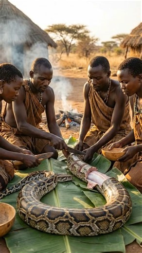 Shocking Tribal Survival: African Tribe Butchers Huge Python Snake! #primitivecooking #tribalcooking