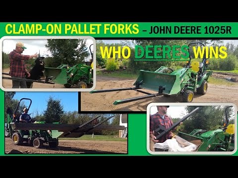 Clamp on Pallet Forks, Unboxing and Installing.John Deere 1025R Front Loader Bucket. Who Deeres Wins