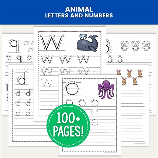 Animal Letters and Numbers Writing Worksheets, Alphabet Tracing Set, Number Writing PDF, Handwriting Practice Back to School Pack - Etsy