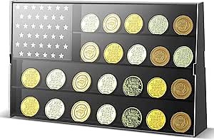 Marsui Challenge Coin Display Case Military 24 Coins Holder Cabinet with American Flag Board Acrylic 4 Row Display Stand Shelves for Wall or Desk Medals Pin Badges Buttons Collection Rack