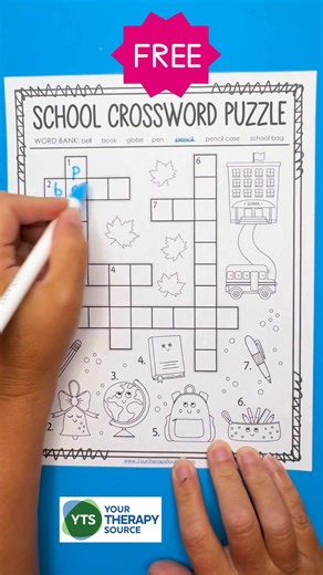 1.2K views |  Fun + Learning in one activity! This school crossword puzzle is free to download and keeps kids busy solving AND coloring.  ✔️ Improves fine motor skills ✔️ Boosts handwriting practice ✔️ Strengthens visual perception ✔️ Builds spelling & vocabulary  Get your free printable at the end of the blog post! | Your Therapy Source | Facebook