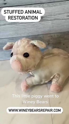We lovingly restore stuffed animals. This little piggy was missing all her fur and we did a full recover. #stuffedanimalrepair #stuffedanimalrestoration #littlepiggy #handsewn
