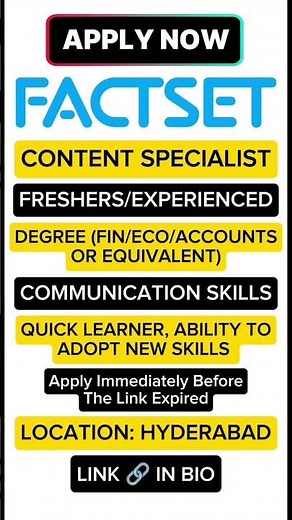 FactSet Hiring Content Specialist 🔥 Freshers & Experienced | Hyderabad Jobs #factset #hiringnow
