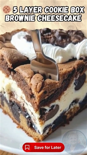 🍪 5 Layer Cookie Box Brownie Cheesecake – Five layers of pure indulgence in one epic dessert square! 🍫 Ingredients: 16 oz chocolate chip cookie dough, room temperature 2 boxes (about 36 oz total) brownie mix, prepared according to package instructions 24 oz cream cheese, softened 1/2 cup granulated sugar 1 tsp vanilla extract 1 large egg 40 chocolate sandwich cookies (double-stuffed if possible) Whipped cream, for serving 🥣 Instructions: Preheat your oven to 325°F (163°C). Grease a 9x13-inch 