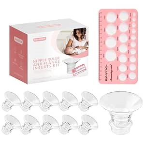 Nipple Ruler, Flange Sizing Kit with 10PCS Flange Insert 13/15/17/19/21mm, Silicone & Soft Flange Insert Kit for Breast Pump Replacement Accessories, Flange Sizing for 24mm Flange/Shield of Most Pumps