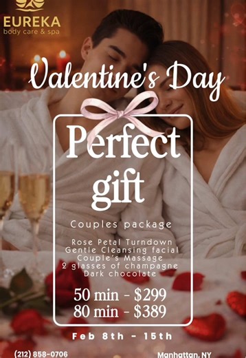 This Valentine’s Day, surprise your other half with something truly special 🤍 Forget ordinary gifts. Give the gift of relaxation, connection, and shared moments. Our Romantic Valentine Getaway is the perfect way to unwind together, slow down, and enjoy a luxurious spa experience made for two. ✨ Available: February 8th – February 15th 💆‍♀️ Couples Package Includes: • Rose Petal Turndown • Gentle Cleansing Eureka Facial • Couple’s Deep Tissue Massage • 2 Glasses of Champagne • Dark Chocolates 💖