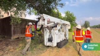 Some damages caused by last week's storms in the Greater Houston area require extensive repairs and specialized equipment like the one featured here. We’ll continue working safely and diligently to restore service. | CenterPoint Energy