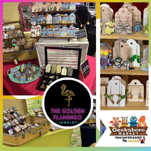 🦩 The Golden Flamingo Quirky. Fun. Totally unique. The Golden Flamingo specializes in statement earrings made from charms, miniatures, beads, and toys—all nickel-free, with many convertible to clip-ons! Plus necklaces and pins to complete the look. 🛷 Sleigh the Season: Geeksboro Finale 📅 December 20th | ⏰ 10AM–4PM 📍 4645 W. Market St, Greensboro — next door to Dragon’s Hoard 🎟️ FREE entry 🎅🏿 Santa on site 12–4PM ☕ Free cocoa & cookies while supplies last 🎭 Free entry to win Blue Man Grou