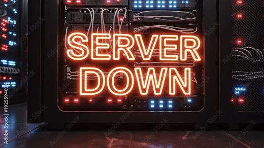 Server down alert in data center. Lights flicker as systems fail. Technicians respond swiftly to resolve issues. High-stakes atmosphere during critical downtime.