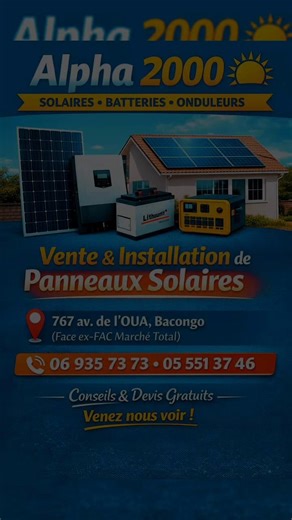 « Plus besoin de groupe électrogène 💨 Passez au solaire avec Alpha 2000 » 👉 Toujours ajouter : 📞 06 935 73 73 / 05 551 37 46 📍 767 av. de l’OUA, Bacongo #Brazzaville #Alpha2000 #PointeNoire #Congo #CongoBusiness