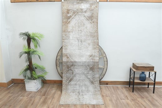Beige & Brown Turkish Runner Rug: Vintage Wool, Faded Bohemian Style (2.6x8.2 Ft) - Etsy
