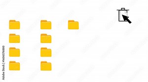 Deleting document action. Remove file animation with cursor highlighting and dragging folder to trash icon.