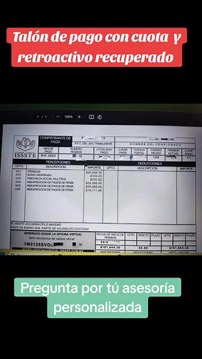 Talón de pago con retroactivo de pensión ISSSTE #issste