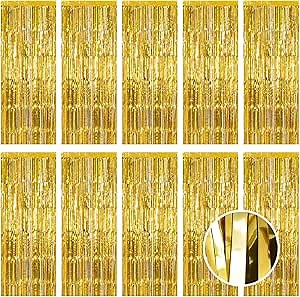 10 Pack Gold Foil Curtain Backdrop 3.2ft x 9.8ft Metallic Tinsel Foil Fringe Curtains Streamer Photo Booth Backdrop for Birthday Party Engagement Bachelorette Party Decorations (Gold)